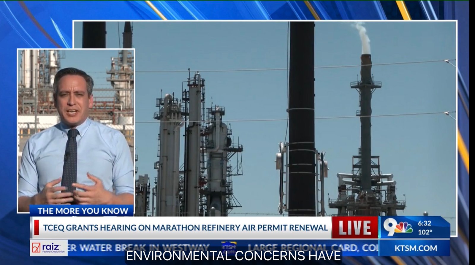 Vince Perez on KTSM 9 discussing the Marathon refinery air permit hearing at TCEQ