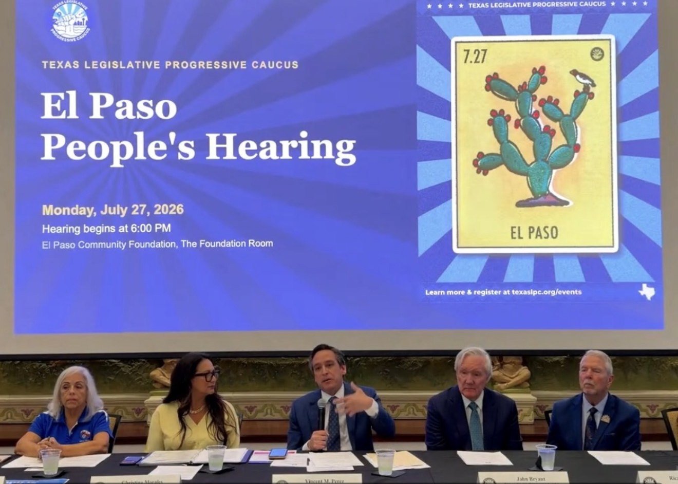 Rep. Vince Perez speaking at the El Paso People's Hearing, joined at the dais by fellow Texas House members